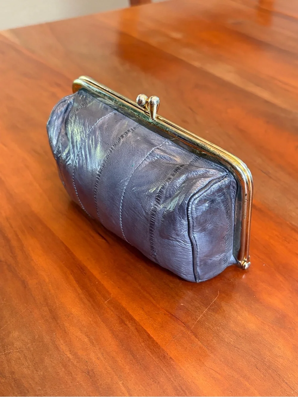 Classic Kiss-Lock Leather Clutch Wallet Cosmetic Case Eel Skin Grey